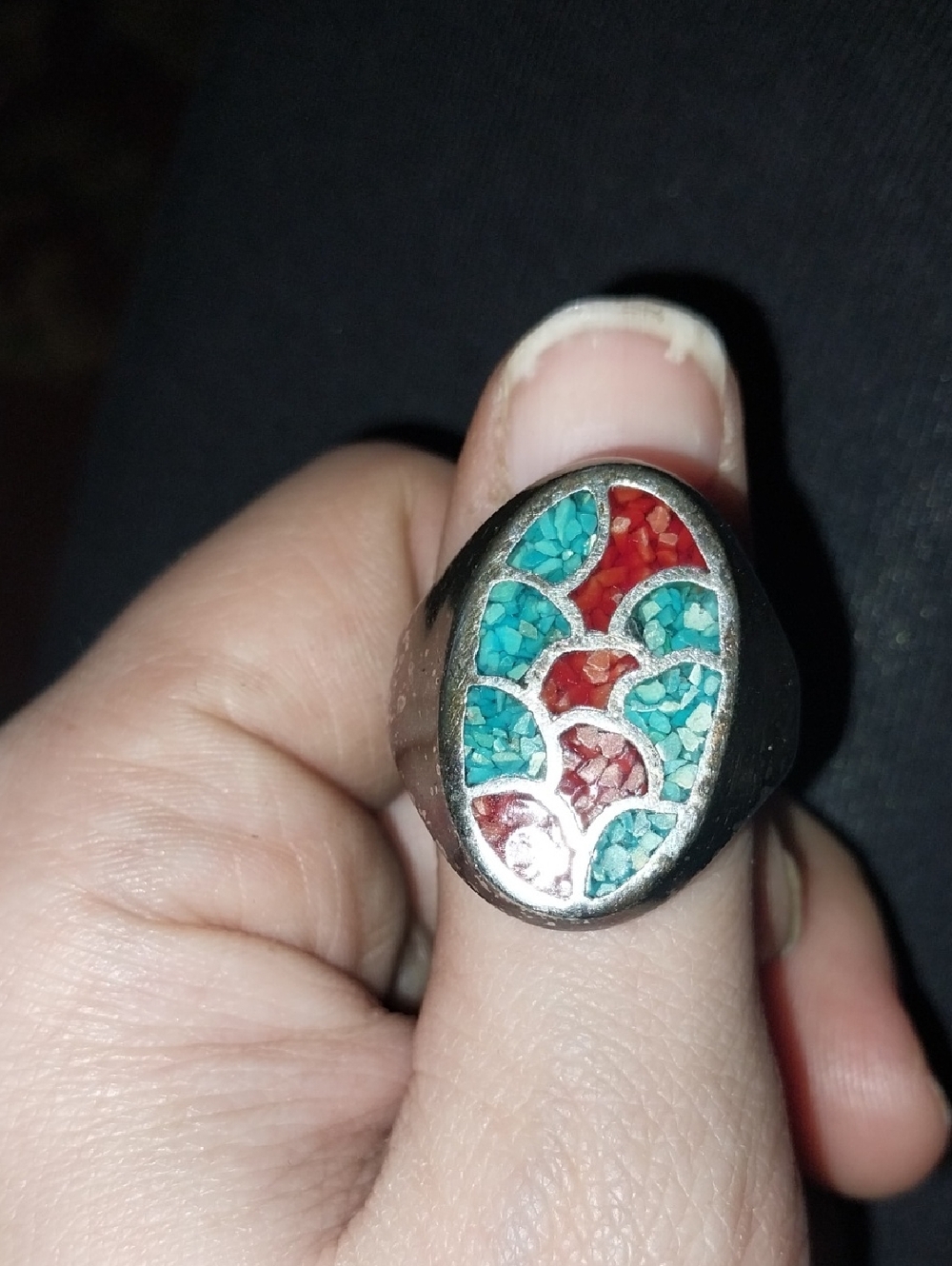 Turquoise and Coral Inlay Oval Statement Ring